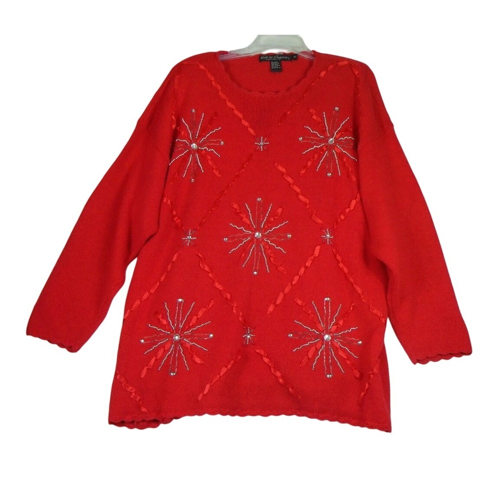 Work In Progress Christmas Sweater Womens‎ 3X Red Beaded Poinsettia Holiday